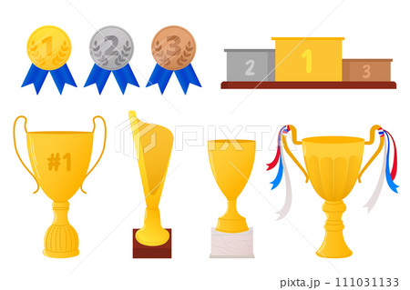 Set of medals, cubs and sport podium, pedestal isolated on background. 1st, 2nd, 3rd place. Handing awards to winner. Vector illustration in flat style. Illustrations for poster, icon, card, banner. 111031133