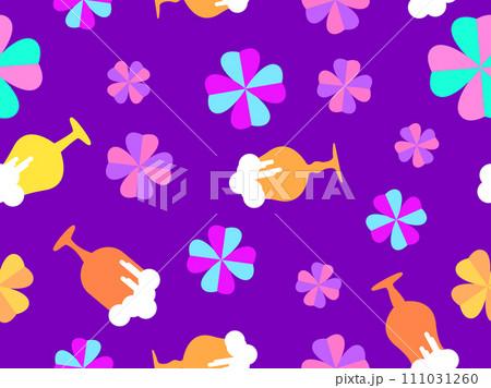 Seamless pattern with gold coins, clover leaves and glasses of beer for St. Patrick's Day. Glasses of beer on a stem with foam. Design for wallpaper, banner and cover. Vector illustration 111031260