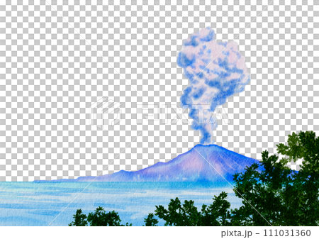 鹿兒島縣櫻島水彩畫，透明背景 111031360