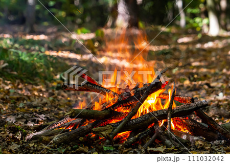 Flame of charcoal fire. Hearth for cooking and heating. Danger in forest 111032042