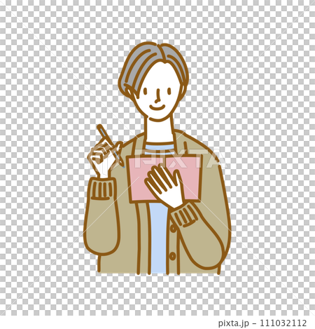 A pose of a woman smiling and taking notes in a notebook 111032112