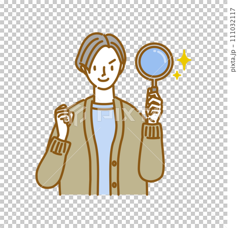 一個女人拿著放大鏡，做拳頭泵 111032117