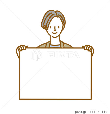 笑顔の女性が両手でボード持っているポーズ 111032119