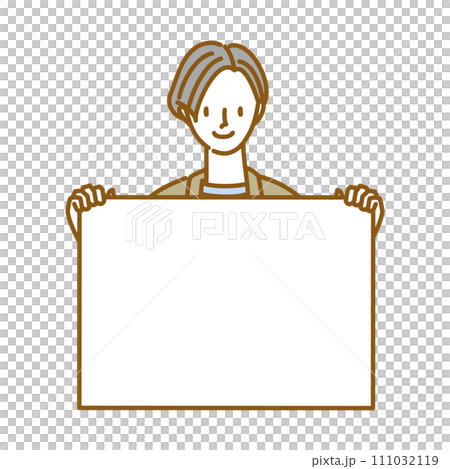 一個微笑的女人雙手拿著一塊木板 111032119