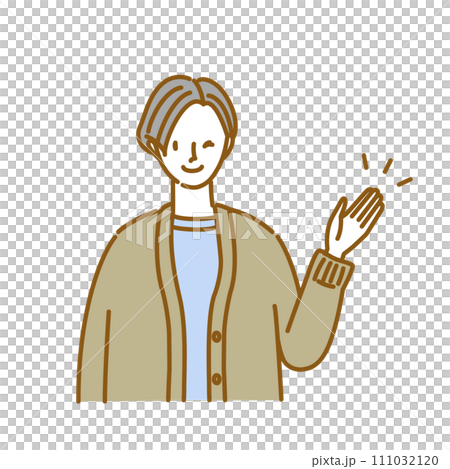 一位微笑的女士眨眼並指導姿勢 111032120