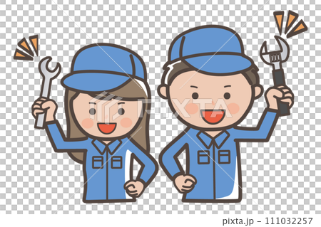 Illustration of male and female workers and cleaners holding tools and doing a fighting pose 111032257