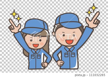 明日への希望_指差しポーズの男女作業員、清掃員のイラスト 明日への希望_指差しポーズの男女作業員、清掃員のイラスト 111032265