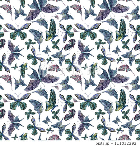 Hand drawn watercolor illustration butterfly fairy wings gem crystal insect moth. Amethyst emerald fluorite moonstone. Seamless pattern isolated white background. Design print, shop, wedding, package 111032292