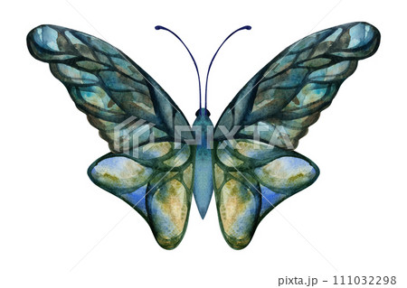 Hand drawn watercolor illustration butterfly fairy wings gem crystal insect moth. Sapphire emerald labradorite larimar. Single object isolated on white background. Design print shop, wedding, birthday 111032298