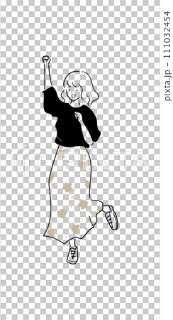 A young Japanese woman in a long skirt cheering with one hand raised and a smile 111032454