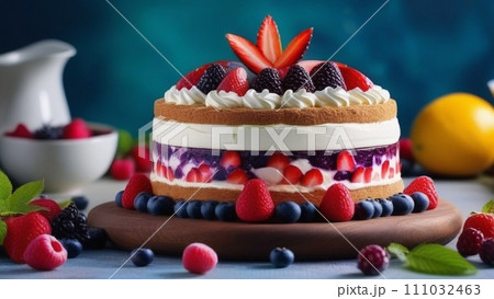 Tasty cake with fruits and cream Tasty cake with fruits and cream 111032463