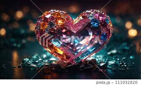 AI-generated content. Heart made of precious gemstones on a black background. 111032820