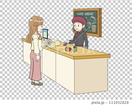 Young woman making cashless payment at a cafe [smartphone payment] 111032828