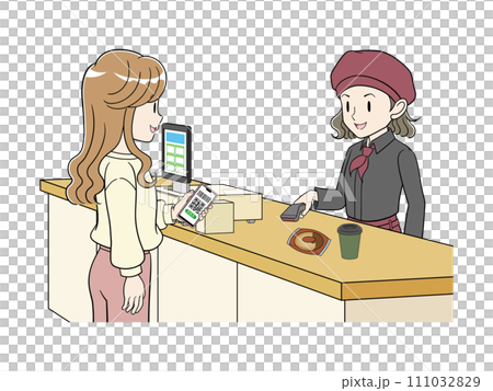 カフェでスマホで支払いをする若い女性【キャッシュレス決済】 カフェでスマホで支払いをする若い女性【キャッシュレス決済】 111032829