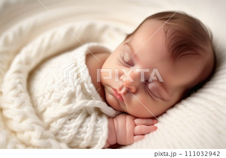 Sleeping newborn baby in a wrap on white blanket. 111032942