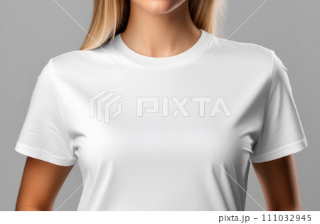 T-shirt design, people concept - closeup of young woman in blank white shirt, front isolated. Mock up template for design print. T-shirt design, people concept - closeup of young woman in blank white shirt, front isolated. Mock up template for design print. 111032945