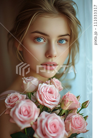A beautiful young woman with a bouquet of pink roses A beautiful young woman with a bouquet of pink roses 111033317