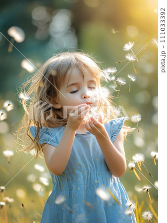 Girl Blowing on Dandelions in Golden Field, AI Generated Girl Blowing on Dandelions in Golden Field, AI Generated 111033392