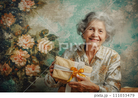 Older woman Portrait - A Warm Holiday Moments with Gifts, AI Generated 111033479
