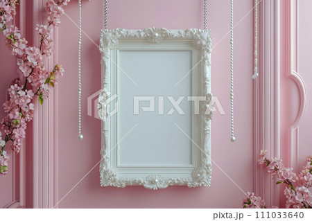 Blank white picture frame mock up hanging on pink wall  111033640