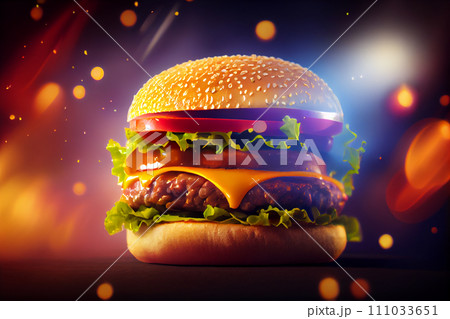 A juicy hamburger with a thick beef patty, lettuce, tomato, and cheese, served on a sesame seed bun, against a blurred background with highlights.. AI generated. 111033651