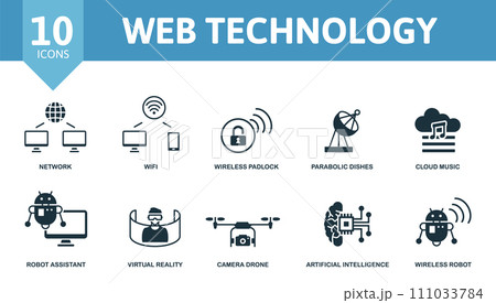 Web Technology icon set. Contains editable icons internet technology theme such as network, wireless padlock, cloud music and more. 111033784
