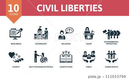 Civil Liberties set icon. Editable icons civil liberties theme such as mass media, religious, environmental protection and more. 111033799