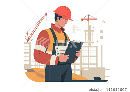 チェックリストで確認をする建設現場の監督-2 111033807