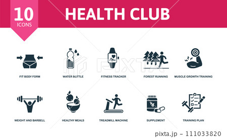 Health Club set icon. Editable icons health club theme such as fit body form, fitness tracker, muscle growth training and more. Health Club set icon. Editable icons health club theme such as fit body form, fitness tracker, muscle growth training and more. 111033820
