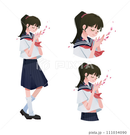 桜の花びらを手で受ける女の子 111034090