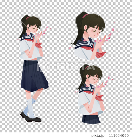 桜の花びらを手で受ける女の子 111034090
