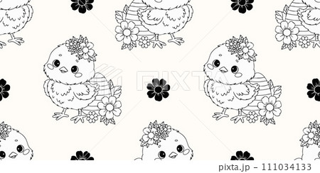 Seamless pattern little chick with Easter egg and flowers on white background. Vector illustration for design, wallpaper, packaging, textile. Line drawing. Kids holiday collection. 111034133