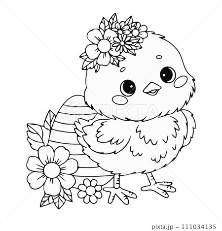 Cute little chick with Easter egg and flowers. Vector illustration. Line drawing, coloring book. Kids holiday collection. 111034135
