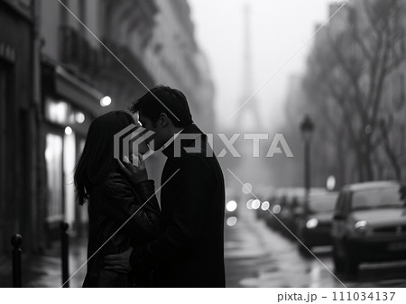 Valentine Kiss, Romantic Silhouettes against Paris Skyline, AI Generated 111034137