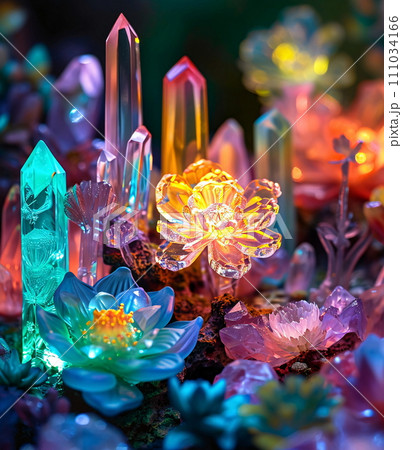 Glowing Crystal Garden Amidst Blooming Flowers,...のイラスト素材 [111034166 ...