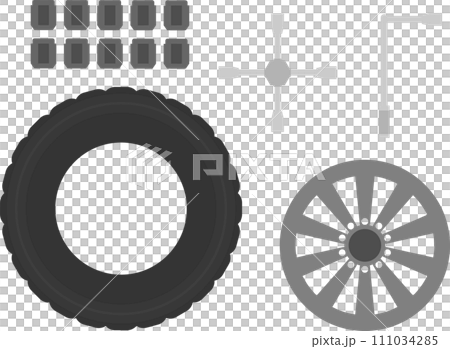 タイヤとホイールとナットとレンチのイメージ素材セット 111034285
