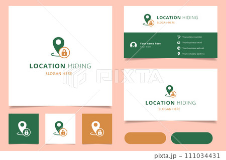 Location hiding logo design with editable slogan. Branding book and business card template. Location hiding logo design with editable slogan. Branding book and business card template. 111034431