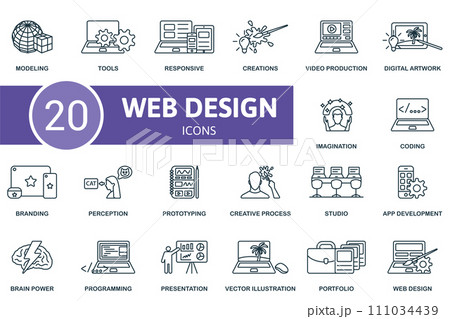 Web design outline icons set. Creative icons: modeling, tools, responsive, creations, video production, digital artwork, imagination, coding, branding and more 111034439