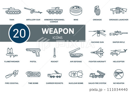 Weapon outline icons set. Creative icons: tank, artillery gun, armored personnel carrier, mine, grenade, grenade launcher, machine gun, sniper rifle, flamethrower, pistol, rocket, air defence, fighter Weapon outline icons set. Creative icons: tank, artillery gun, armored personnel carrier, mine, grenade, grenade launcher, machine gun, sniper rifle, flamethrower, pistol, rocket, air defence, fighter 111034440