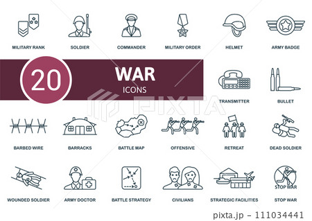 War outline icons set. Creative icons: military rank, soldier, commander, military order, helmet, army badge, transmitter, bullet, barbed wire, barracks and more 111034441