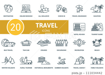 Travel outline icons set. Creative icons: destination, online booking, all inclusive, check in, travel insurance, vacation, hotel review, tourist guide and more 111034442