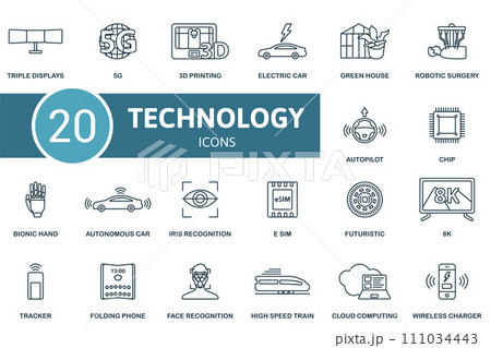 Technology outline icons set. Creative icons: triple displays, 5g, 3d printing, electric car, green house, robotic surgery, autopilot, chip, bionic hand and more 111034443