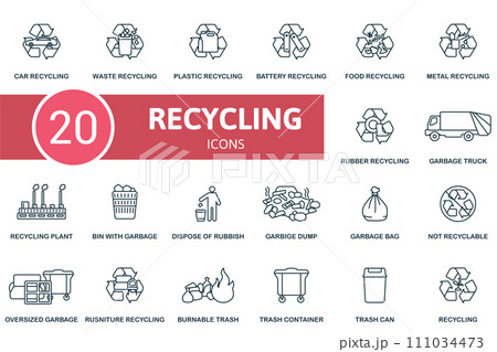 Recycling outline icons set. Creative icons: car recycling, waste recycling, plastic recycling, battery recycling, food recycling, metal recycling, rubber recycling and more 111034473