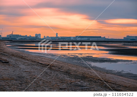 夜明けの干潮　ふなばし三番瀬海浜公園の干潟（千葉県船橋市）　 111034522
