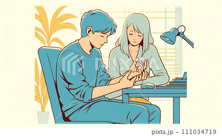 妻に手先のこわばりを訴える男性 妻に手先のこわばりを訴える男性 111034719
