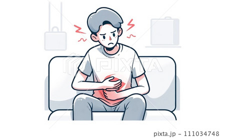 腹部に膨満感を覚えてお腹を押さえる男性 腹部に膨満感を覚えてお腹を押さえる男性 111034748