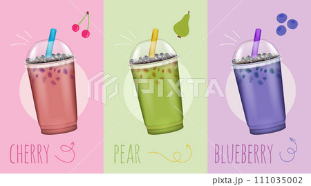 Realistic Detailed 3d Bubble Milk Tea Set Summer Asian Drink with Different Flavors. Vector illustration of Boba Milk Tea in Plastic Cup with Straw Realistic Detailed 3d Bubble Milk Tea Set Summer Asian Drink with Different Flavors. Vector illustration of Boba Milk Tea in Plastic Cup with Straw 111035002