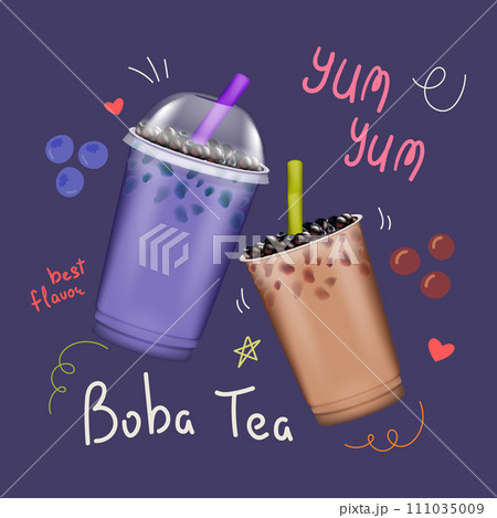 Realistic Detailed 3d Bubble Milk Tea Set Cold Summer Beverages Asian Drink. Vector illustration of Boba Milk Tea Realistic Detailed 3d Bubble Milk Tea Set Cold Summer Beverages Asian Drink. Vector illustration of Boba Milk Tea 111035009