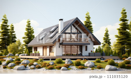 庭があるシンプルな家の外観模型　AI画像 111035120