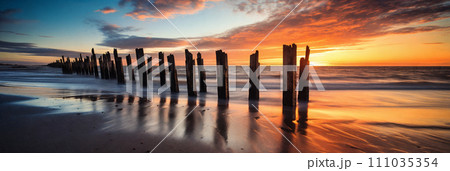 AI-generated content. A tranquil scene of a broken wooden jetty stretching out into the golden sea 111035354